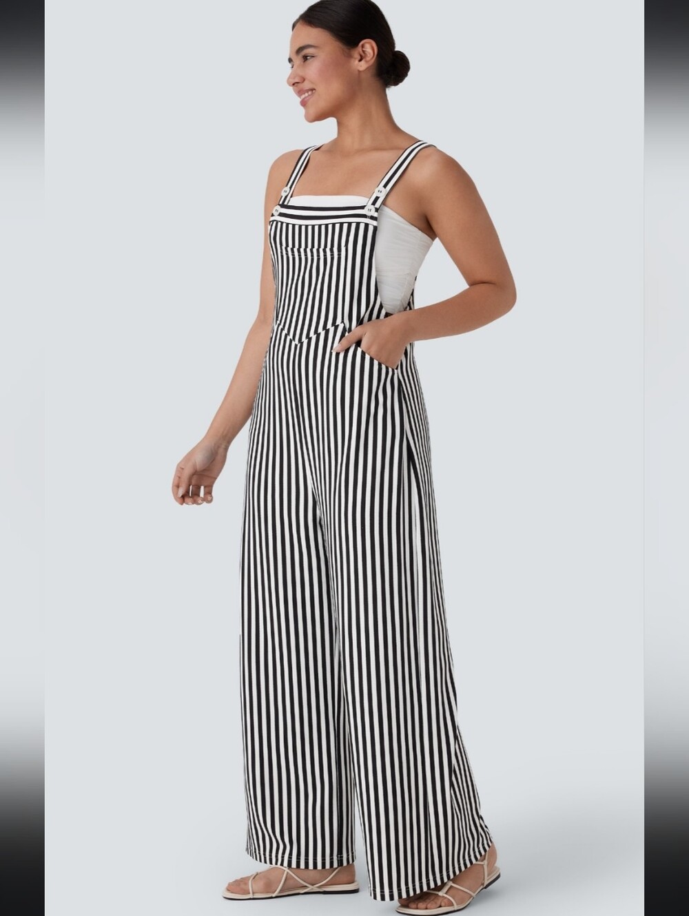 HALARA Black & White Striped Wide-Leg Jumpsuit